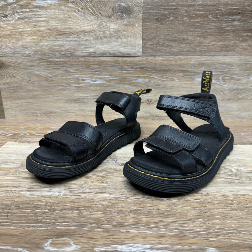 Dr. Martens Black Leather Platform Velcro Sandals with Yellow Stitching
